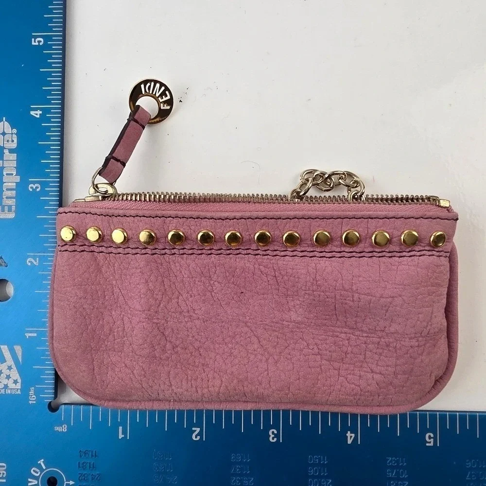 Fendi Coin Purse Pouch OS Pink Excellent Studded Leather Key Cles Gold Hardware